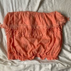 Coral strapless summer fringe top